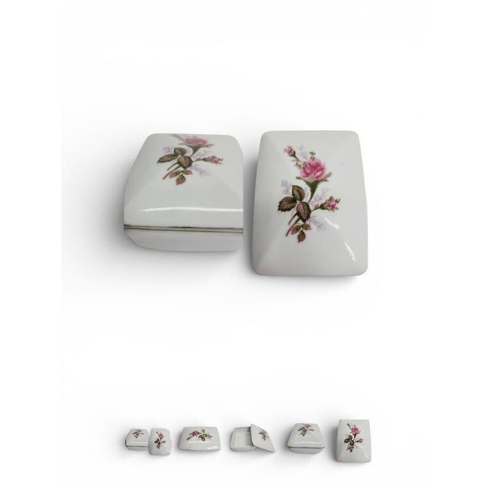 * Ceramic trinket jewelry box rose painted detail 4"X 1.5" vintage  japan